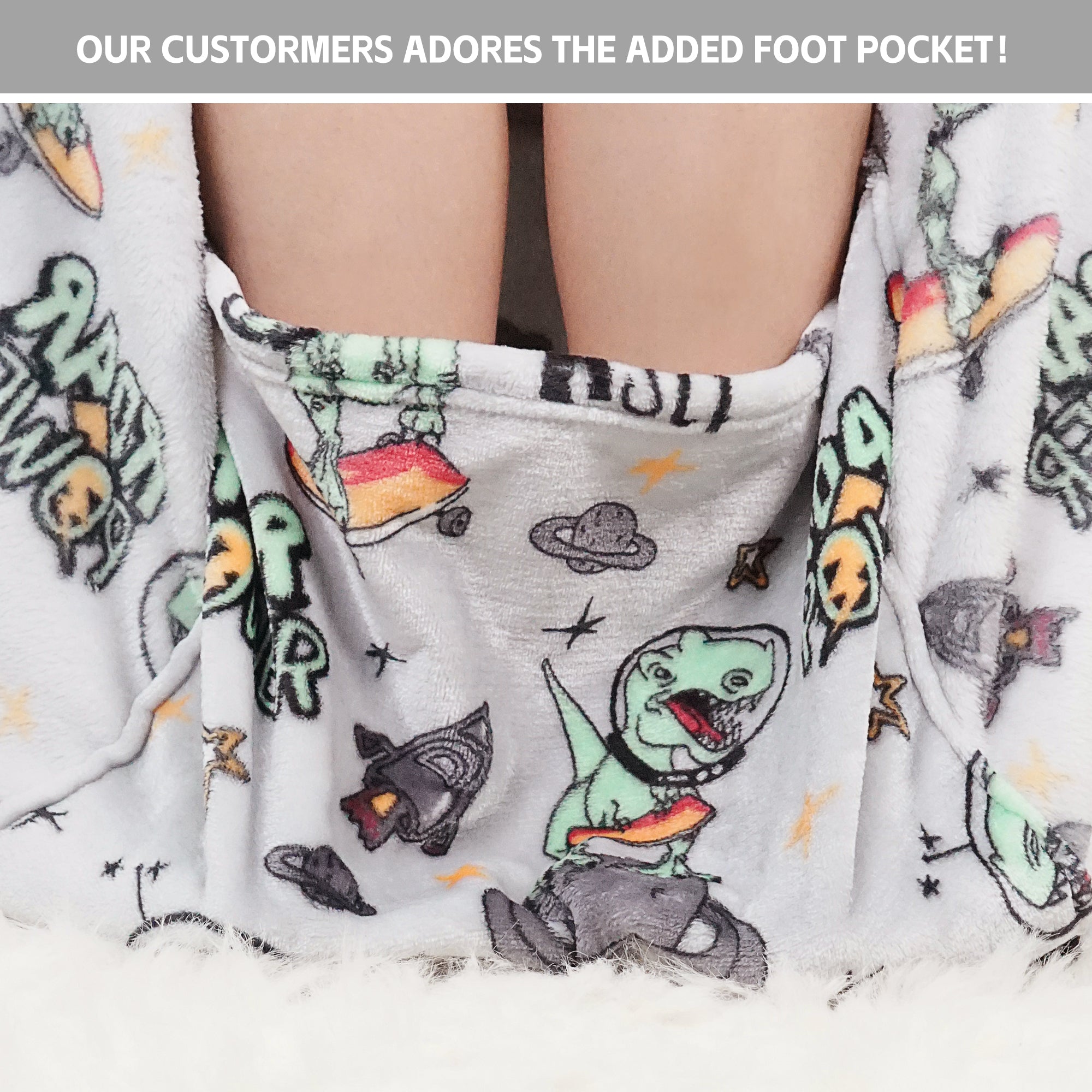Dinosaur Wearable Fleece Blanket with Sleeves & Foot Pocket for Kids