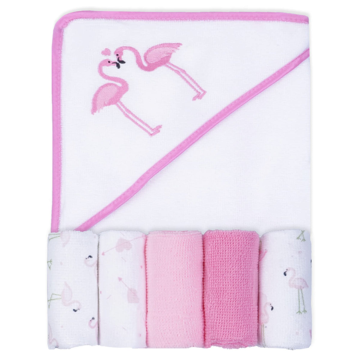 Flamingo Baby Hooded Towel and Washcloth Set 6-Pack Size 30 x 26 Inch