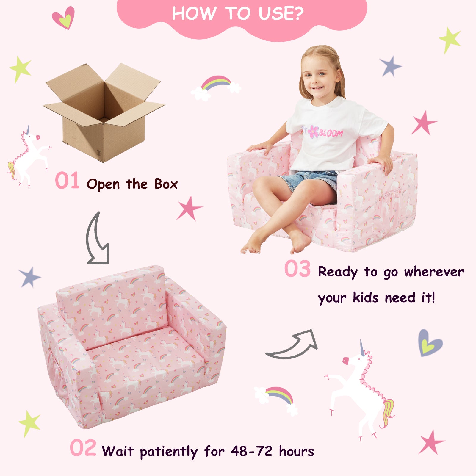 Pink Unicorn 2-in-1 Soft Toddler Couch Fold Out