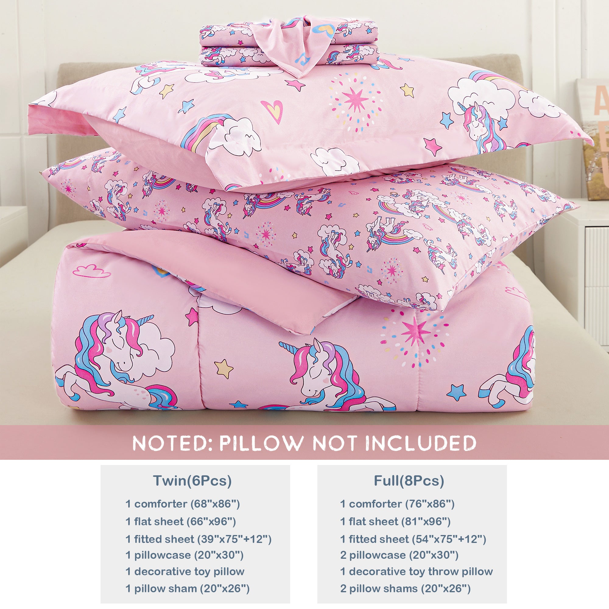 Pink Unicorn Kids Bedding Set– 6 or 8 Piece Options