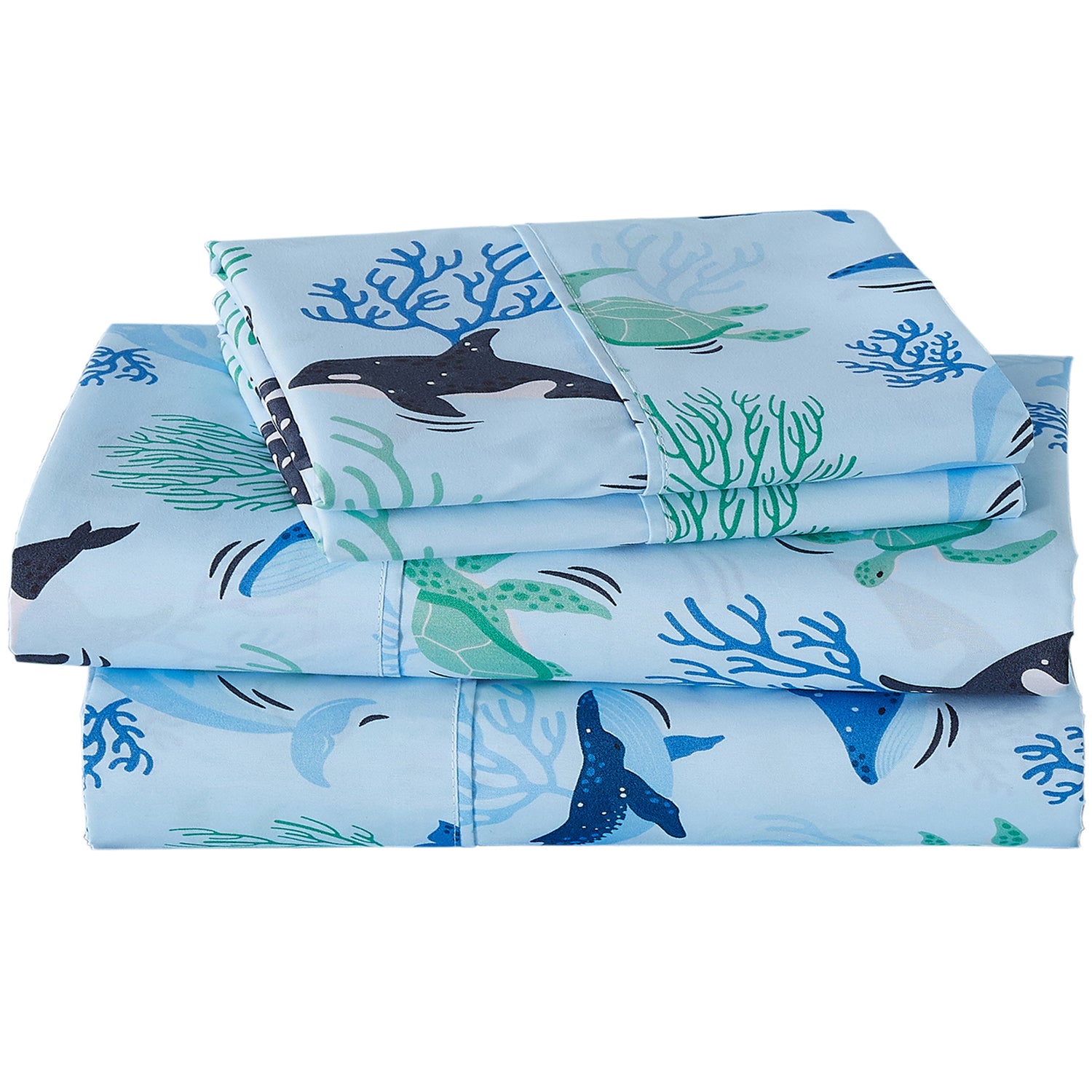 Blue Ocean Sea Creature Kids Bed Sheet Set Deep Pocket Double Brushed Microfiber