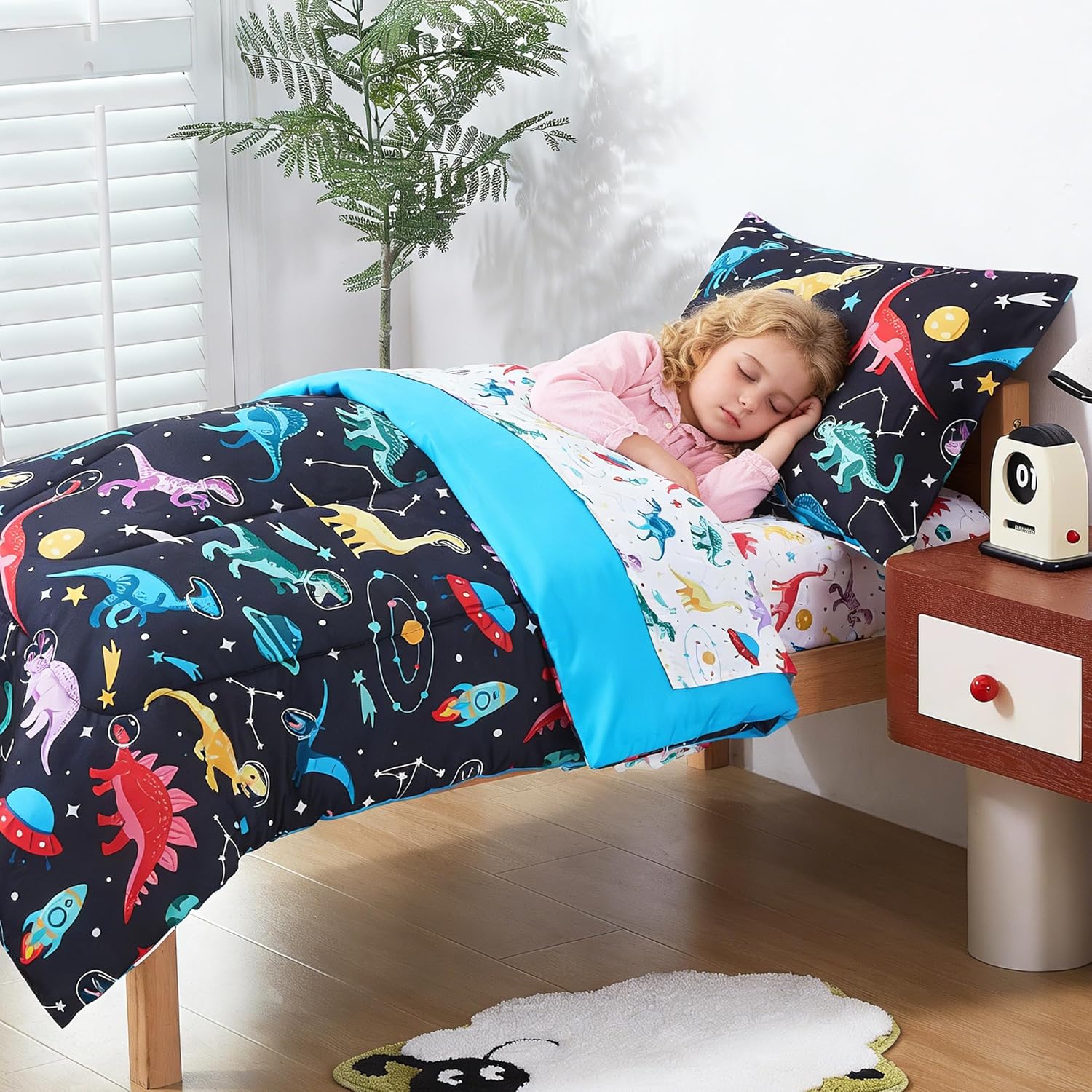 Space Dinosaur Printed Toddler Comforter Set– 4 Piece