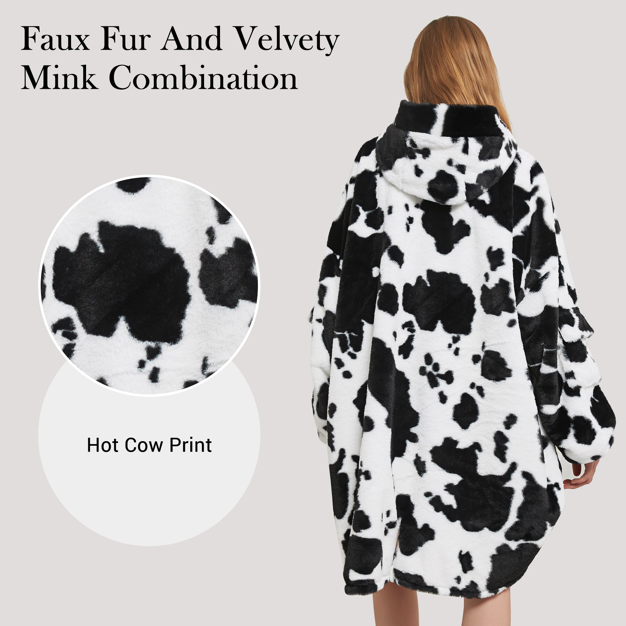 Black Cow Print Blanket Hoodie Oversized Super Soft Warm Giant Pullover with Large Front Pocket,Gifts for Women Men Teenagers