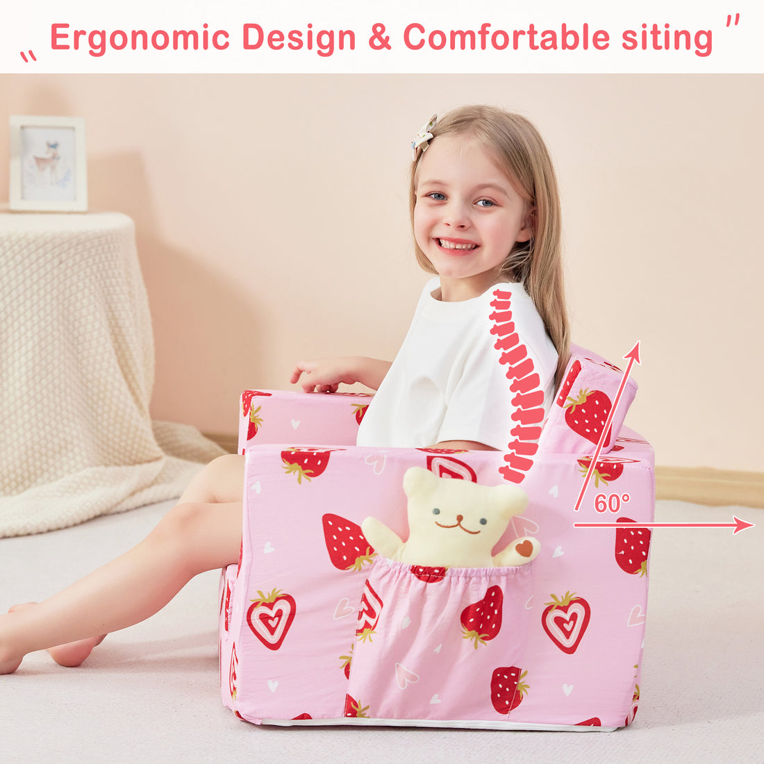 Pink Strawberry 2-in-1 Kids Sofa for Toddler Convertible Sofa to Lounger Bed