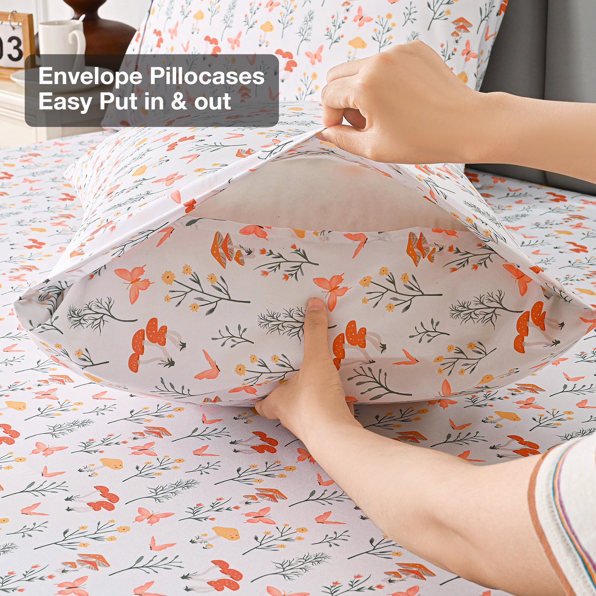 4 Piece Mushroom Vintage Butterfly Flower Patterned Bed Sheets Set