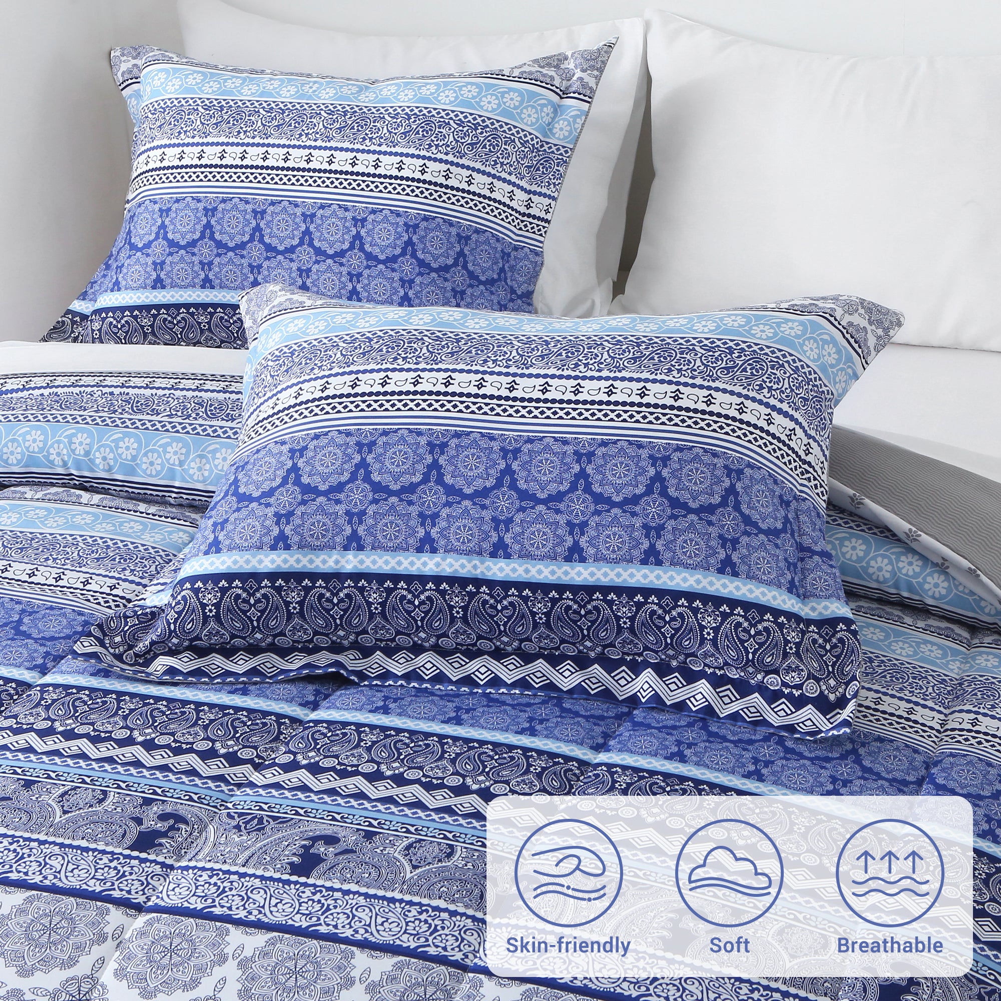 Blue Boho Striped Comforter Set 7 Pieces