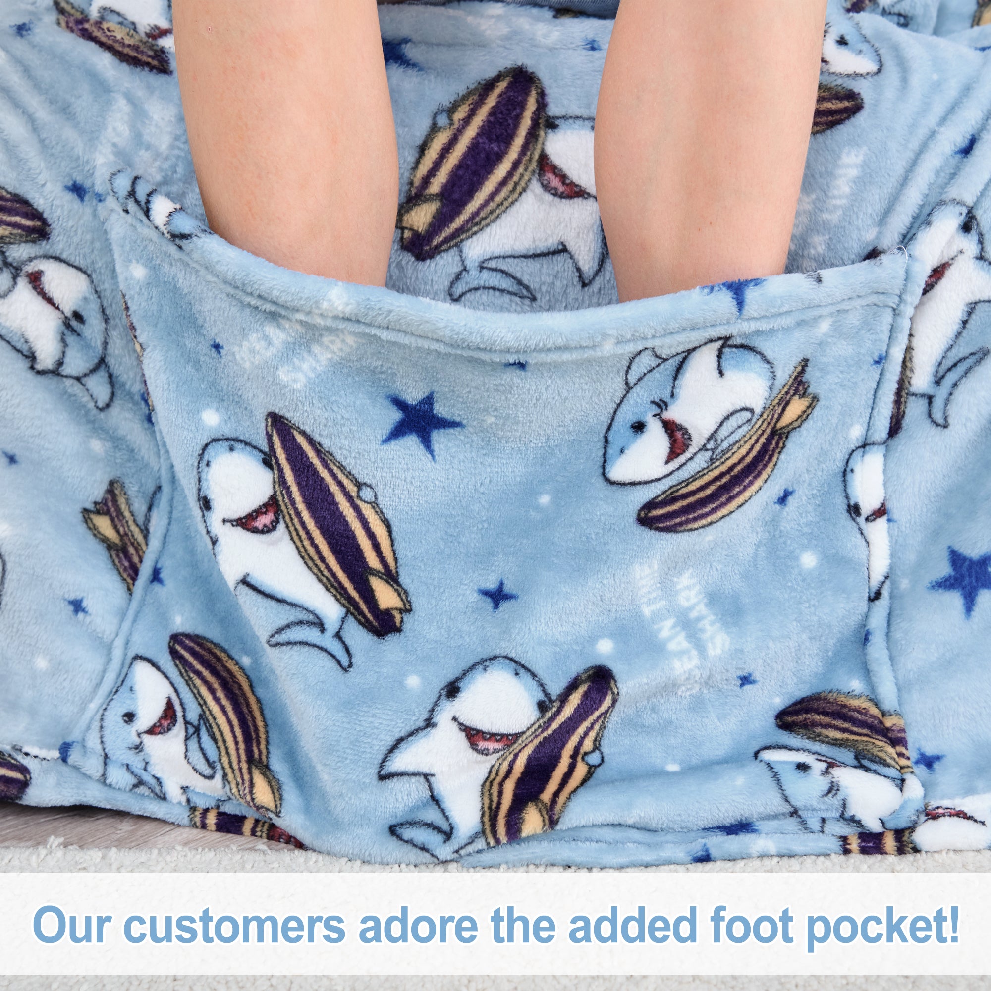 Shark Wearable Fleece Blanket with Sleeves & Foot Pocket for Kids
