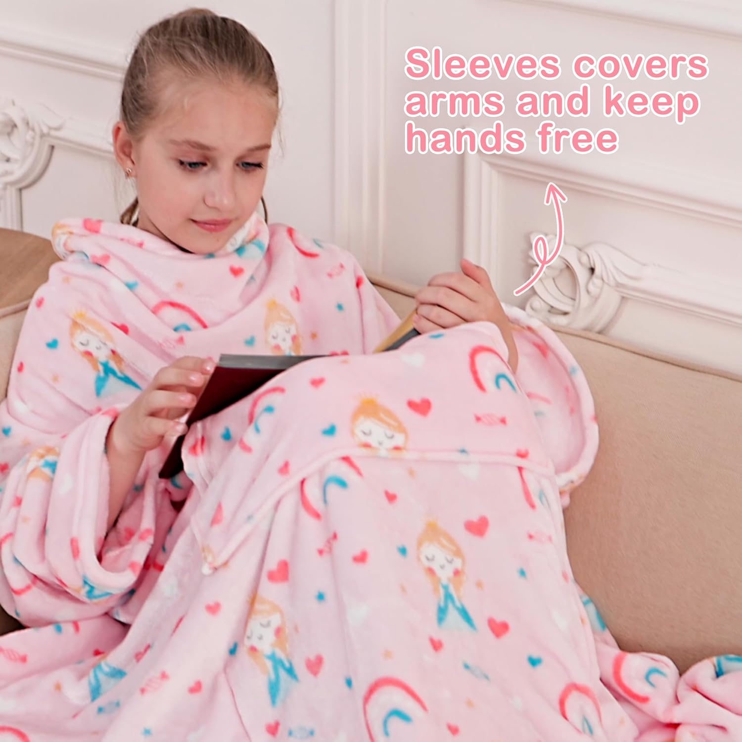 Princess Kids Snuggies Wearable Fleece Blanket with Sleeves & Foot Pocket for Kids Boys Girls Children,Lightweight Soft Blanket with Sleeves and Hook & Loop 48" x 48"