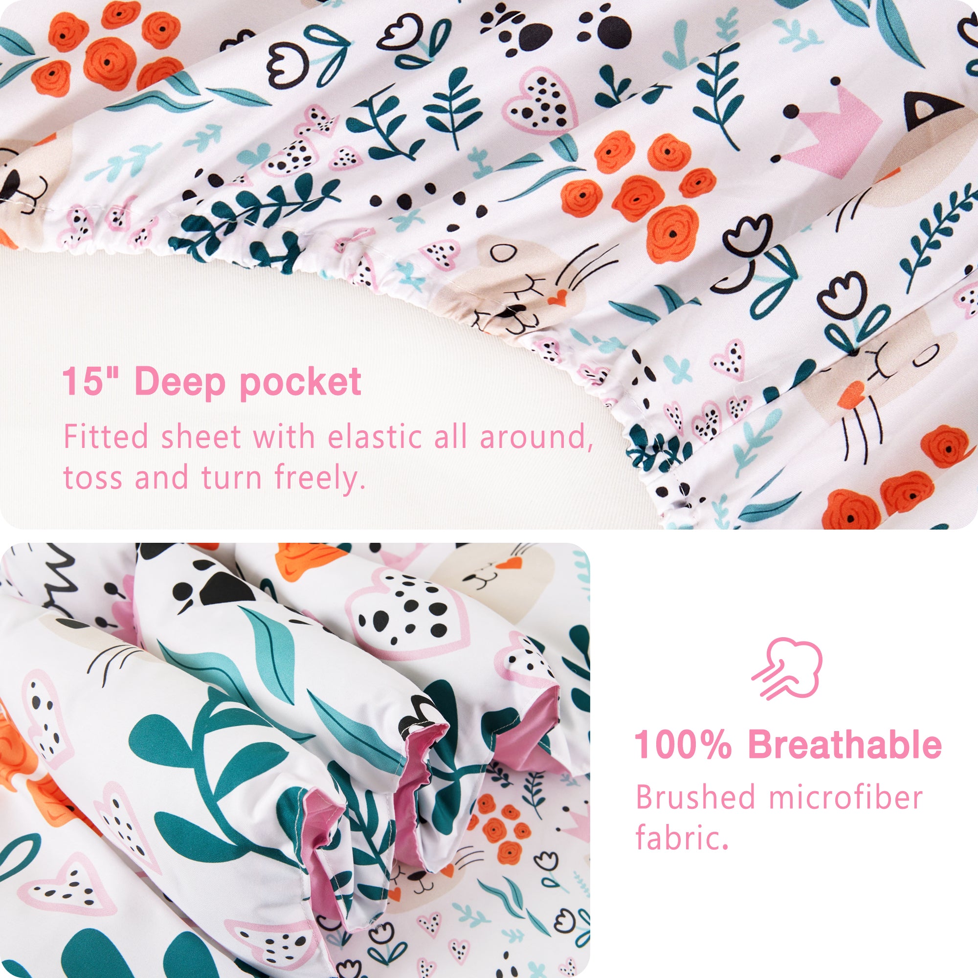 Flower and Cat Comforter Sets for Kids– 6 or 8 Piece Options