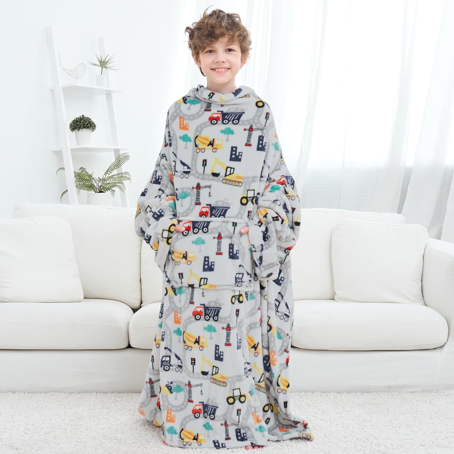 Truck Kids Snuggies Wearable Fleece Blanket with Sleeves & Foot Pocket for Kids Boys Girls,Lightweight Soft Blanket with Hook & Loop 48" x 48"