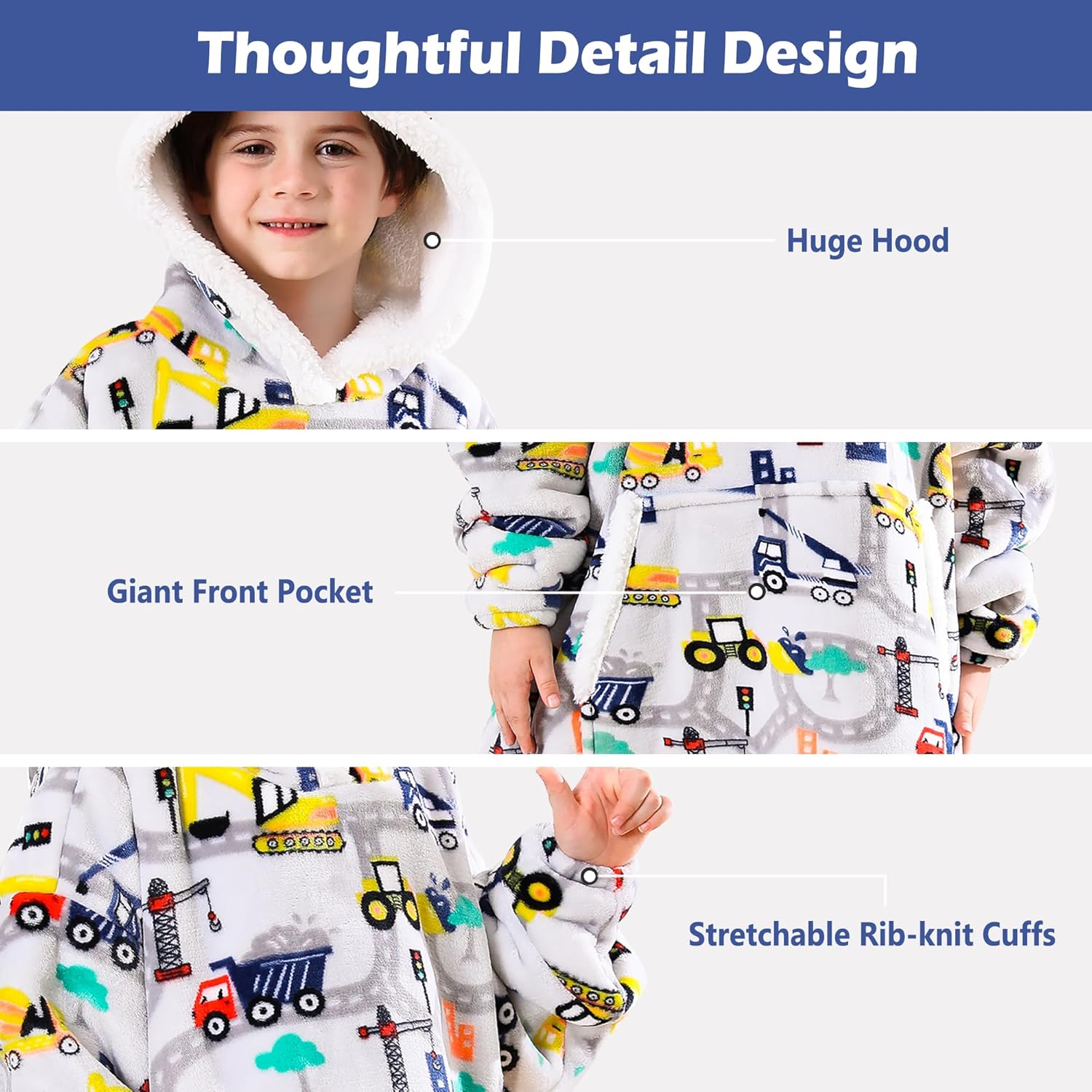 Construction Truck Wearable Blanket Hoodie for Kids