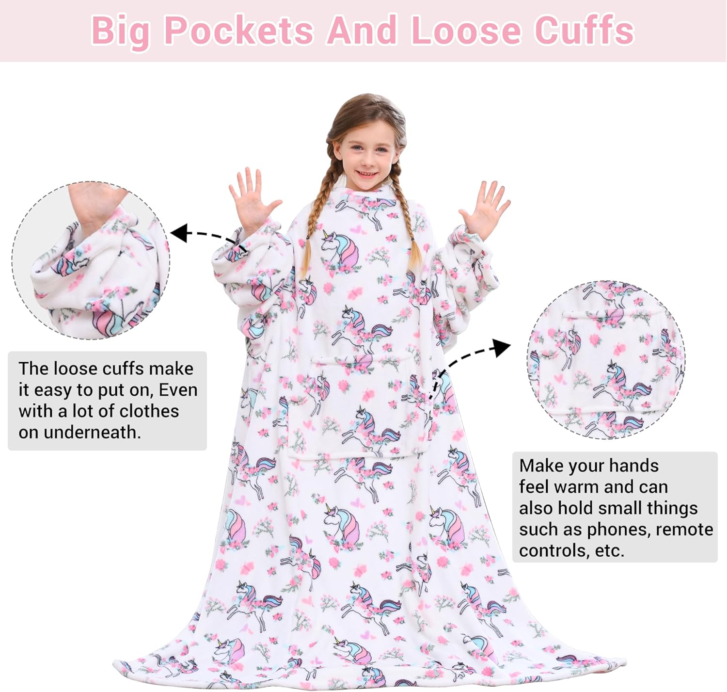 White Unicorn Kids Wearable Fleece Blanket with Sleeves & Foot Pocket