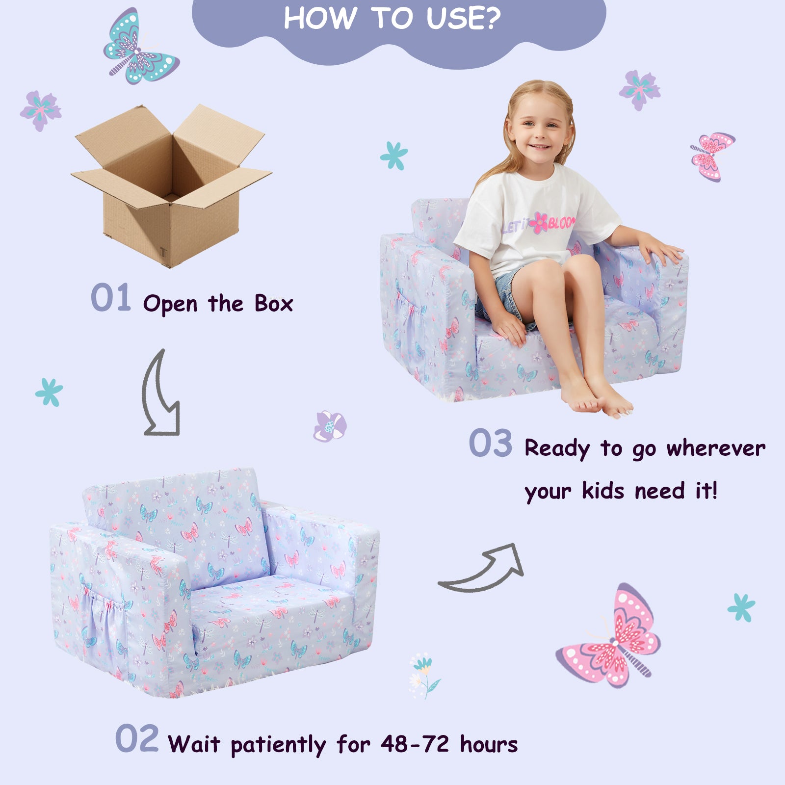 Purple Butterfly 2-in-1 Soft Toddler Couch Fold Out