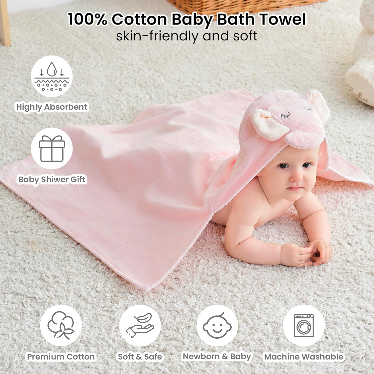 2 Pack Baby Hooded Towels, Premium Soft Cotton Baby Bath Towels with Hood, Extra Thick and Super Absorbent, Essential for Newborns, Infants and Toddlers (Pink Elephant & White Unicorn)