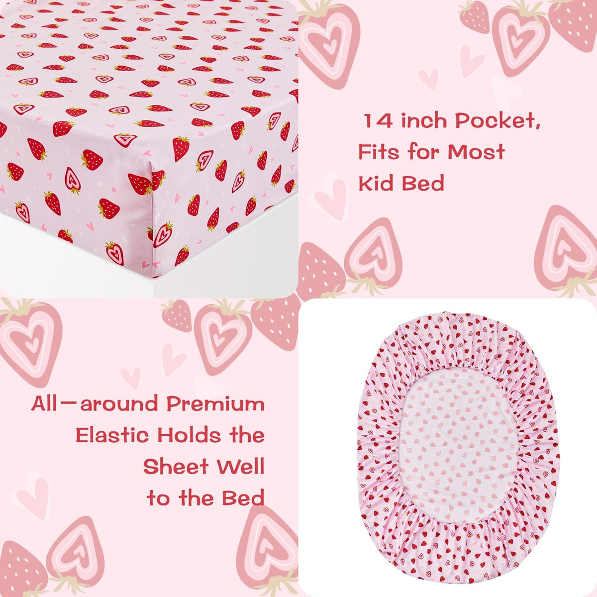 Dreamy Strawberry Kids Bed Sheet Set Deep Pocket Double Brushed Microfiber