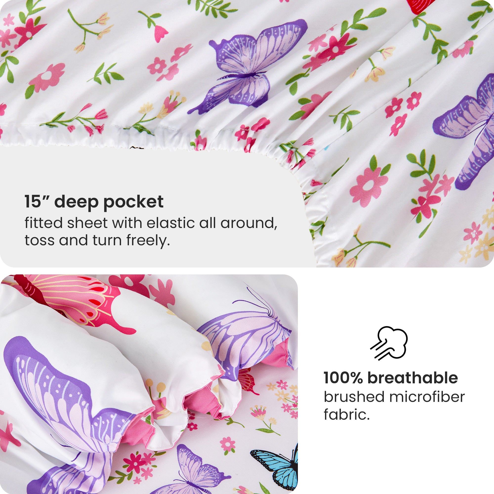 Flower Butterfly Comforter Sets for Kids– 6 or 8 Piece Options