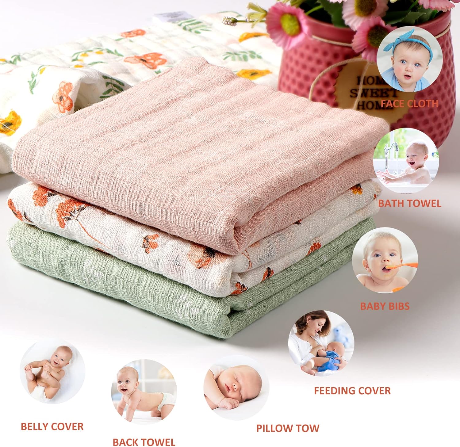 Green Floral Baby Muslin Burp Cloths 10" x 20" 4 Pack