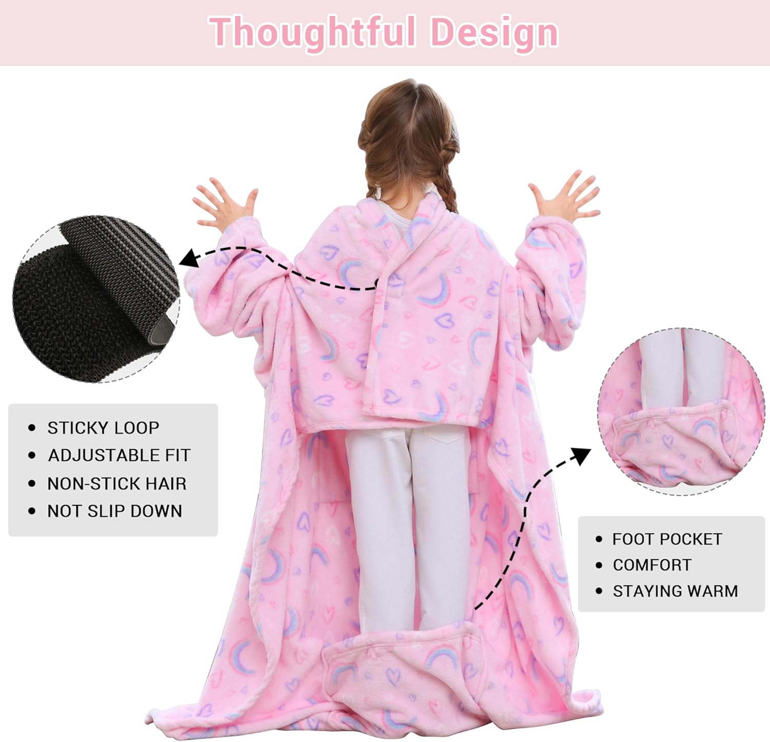 Pink Rainbow Kids Wearable Fleece Blanket with Sleeves & Foot Pocket