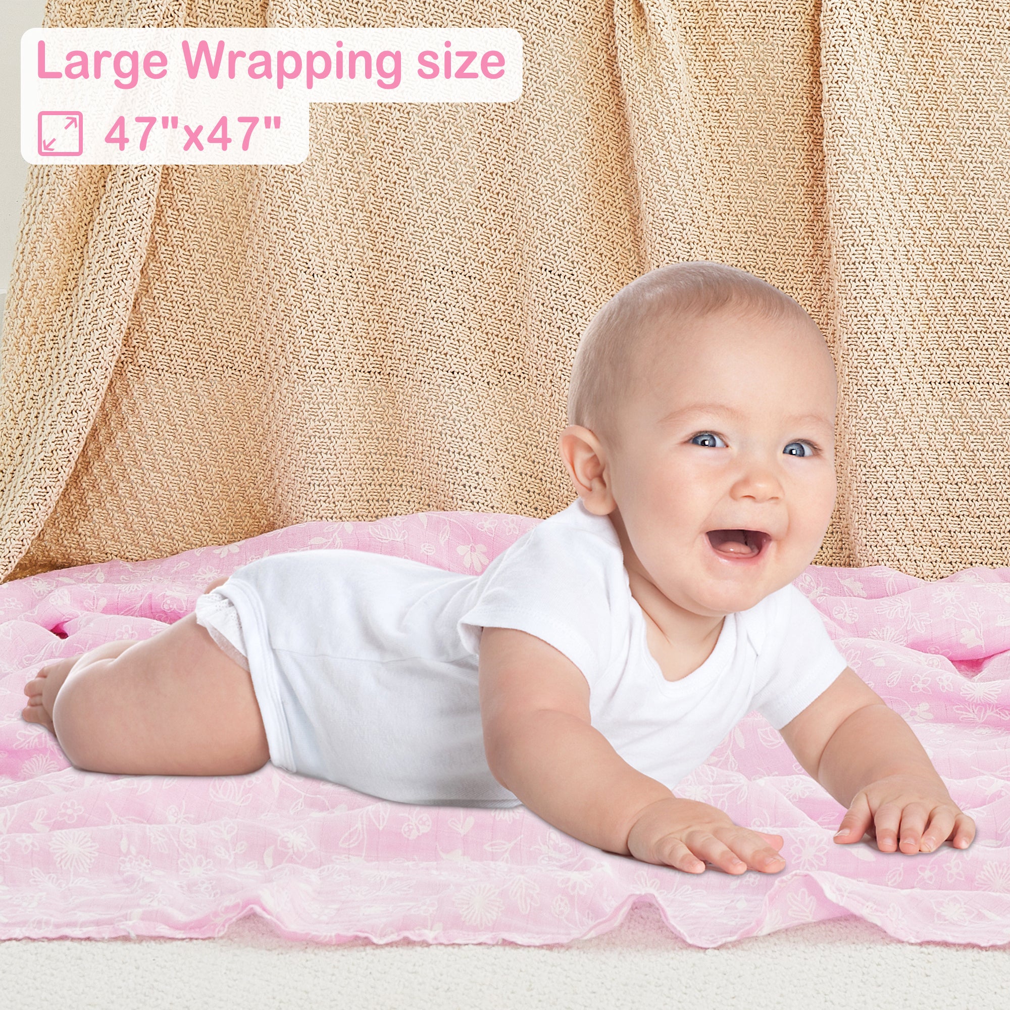 4-Pack Flowers & Heart, 47 x 47 inches  Muslin Swaddle Blankets for Boys and Girls