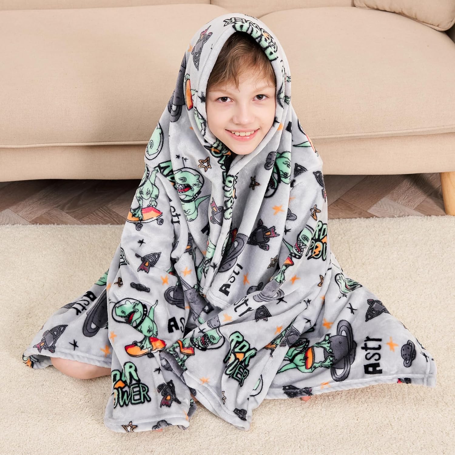 Kids Snuggies Wearable Fleece Blanket with Sleeves & Foot Pocket for Kids Boys Girls Children,Lightweight Soft Blanket with Sleeves and Hook & Loop 48" x 48" Dinosaur