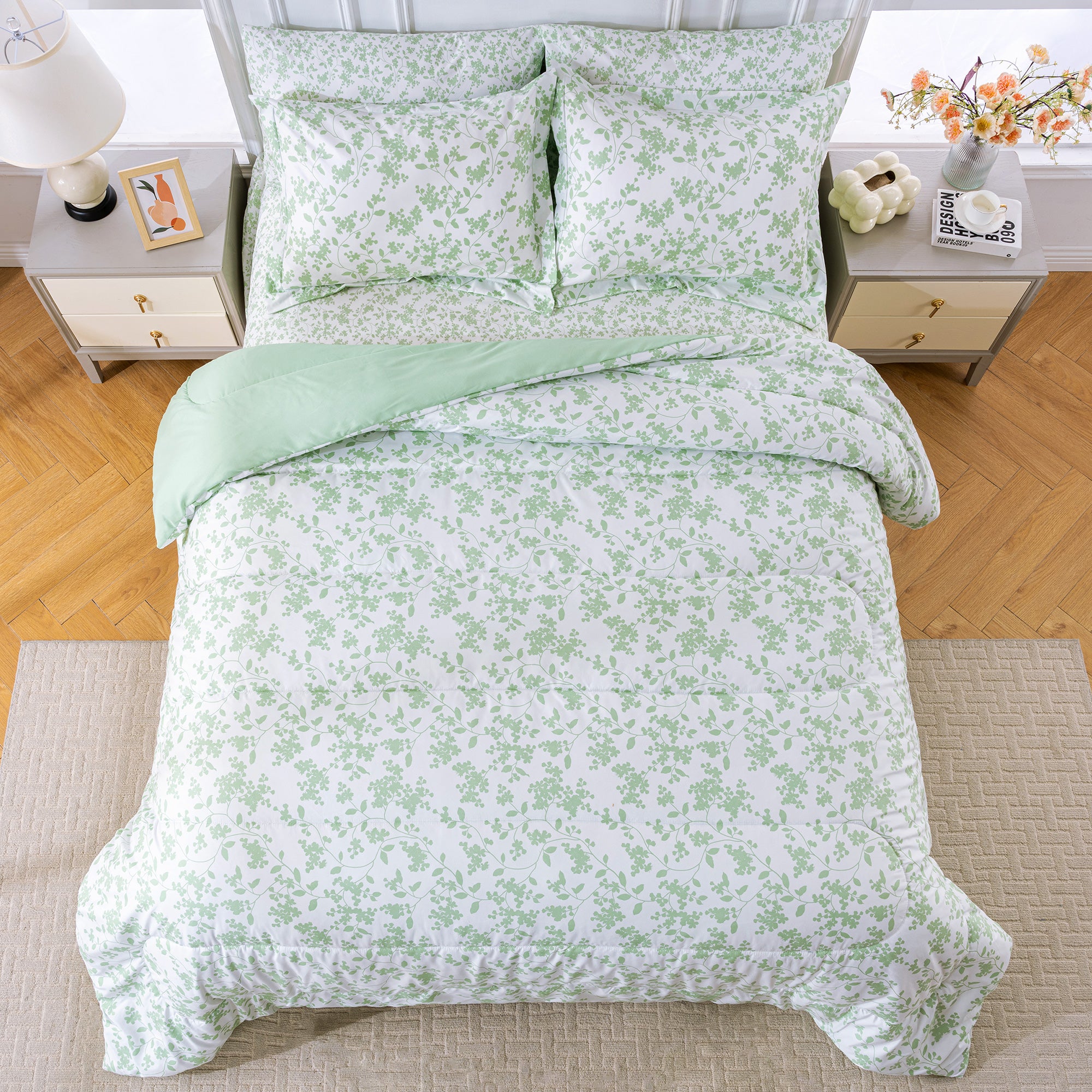 Pastel Green Floral Retreat Comforter Set 7 Pieces