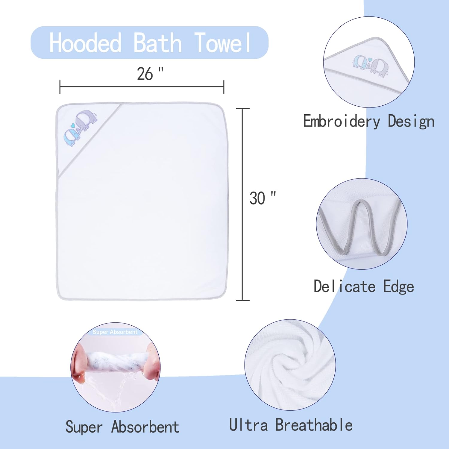 Grey Elephant Baby Hooded Towel and Washcloth Set 6-Pack Size 30 x 26 Inch