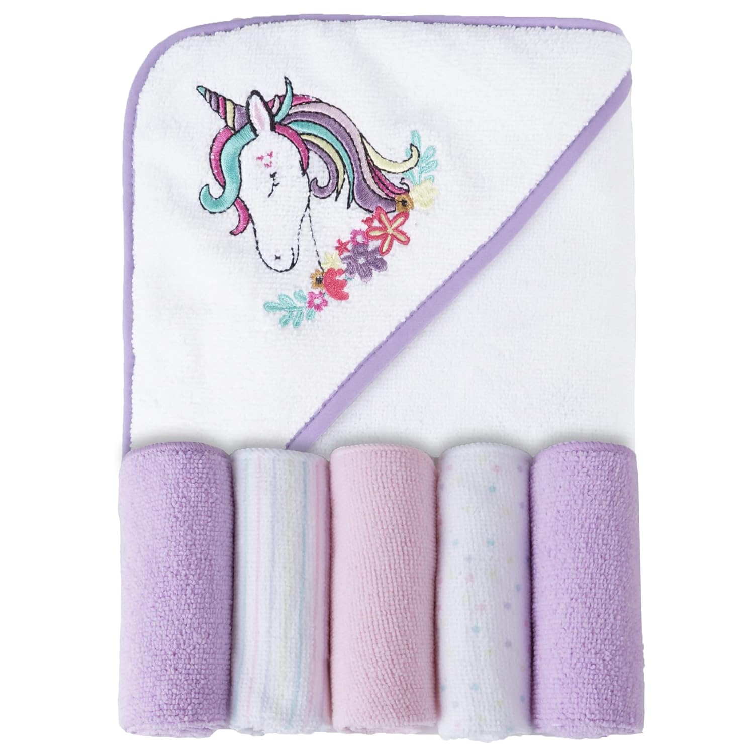 Purple Unicorn Baby Hooded Towel and Washcloth Set 6-Pack Size 30 x 26 Inch