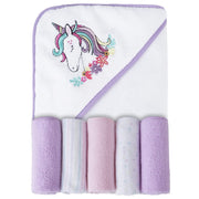 Purple Unicorn Baby Hooded Towel and Washcloth Set 6-Pack Size 30 x 26 Inch