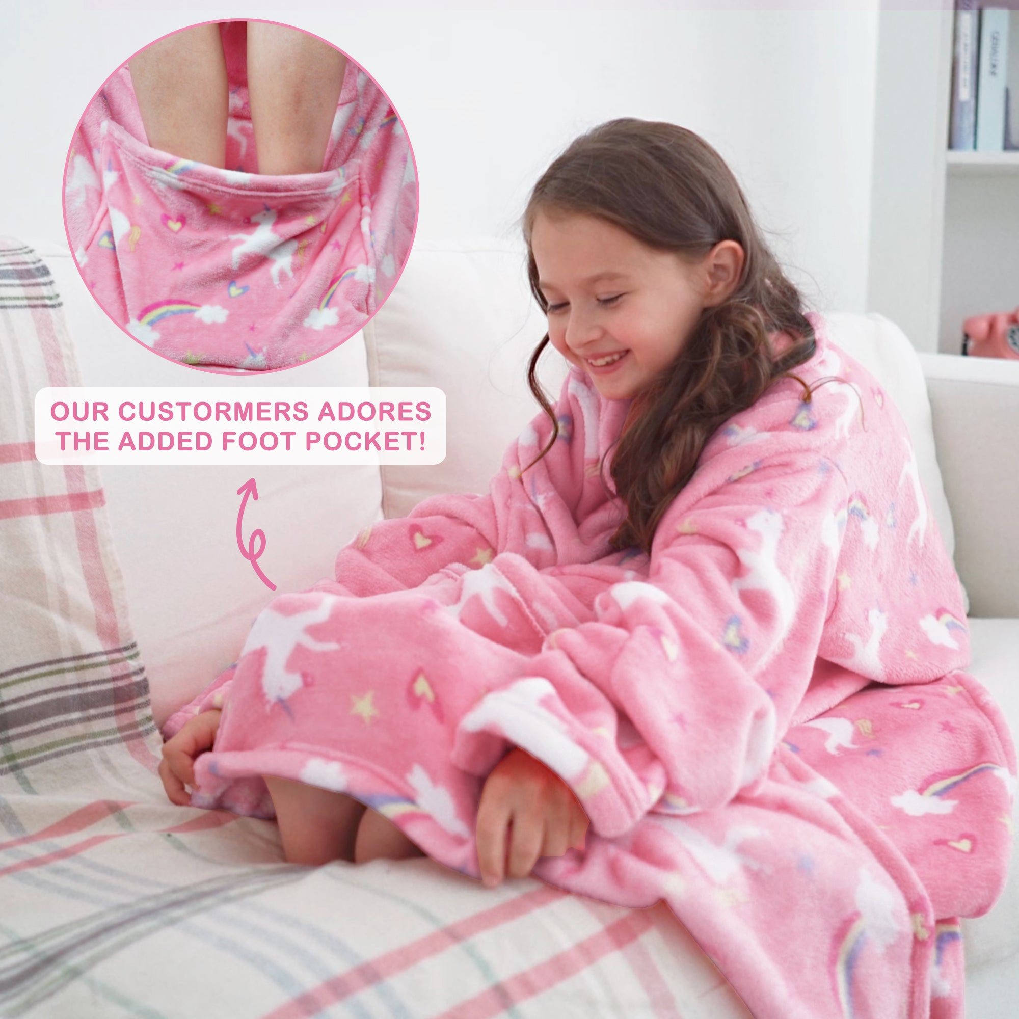 Unicorn Wearable Fleece Blanket with Sleeves & Foot Pocket for Kids
