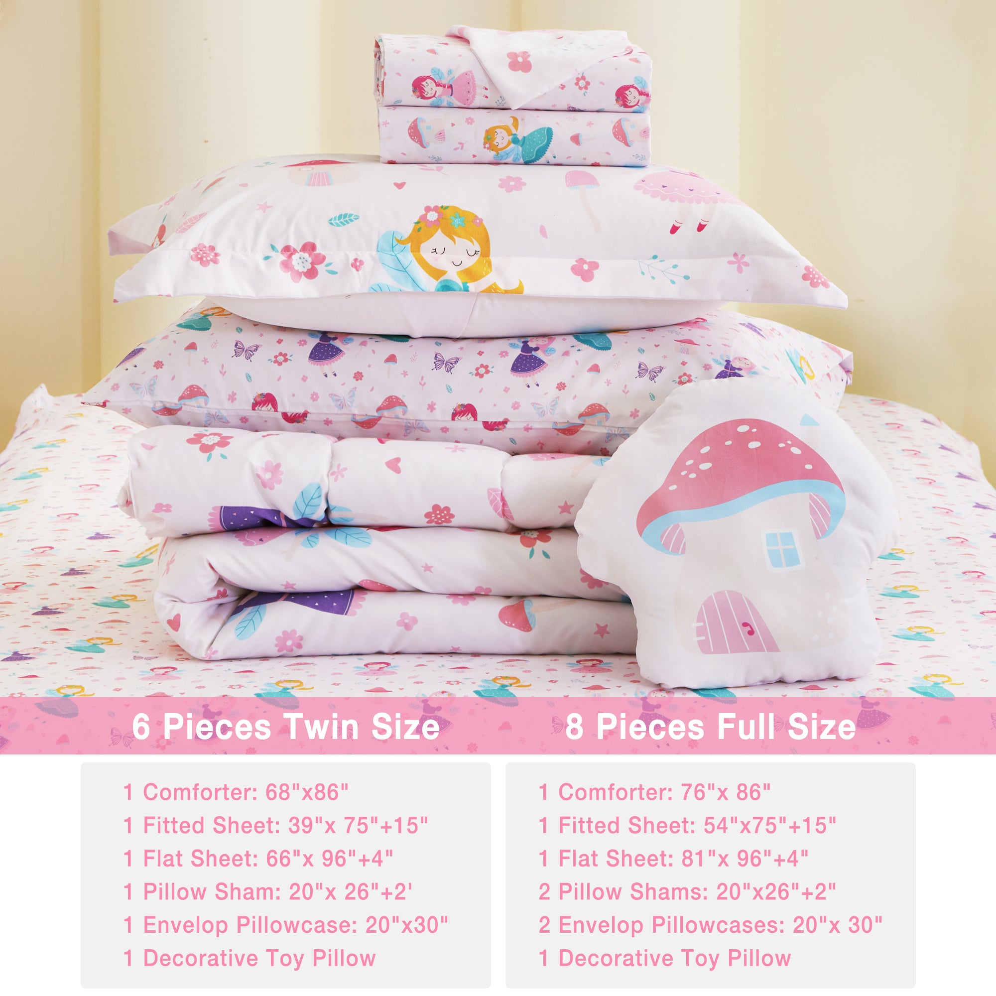 Pink Fairy Comforter Sets for Kids– 6 or 8 Piece Options