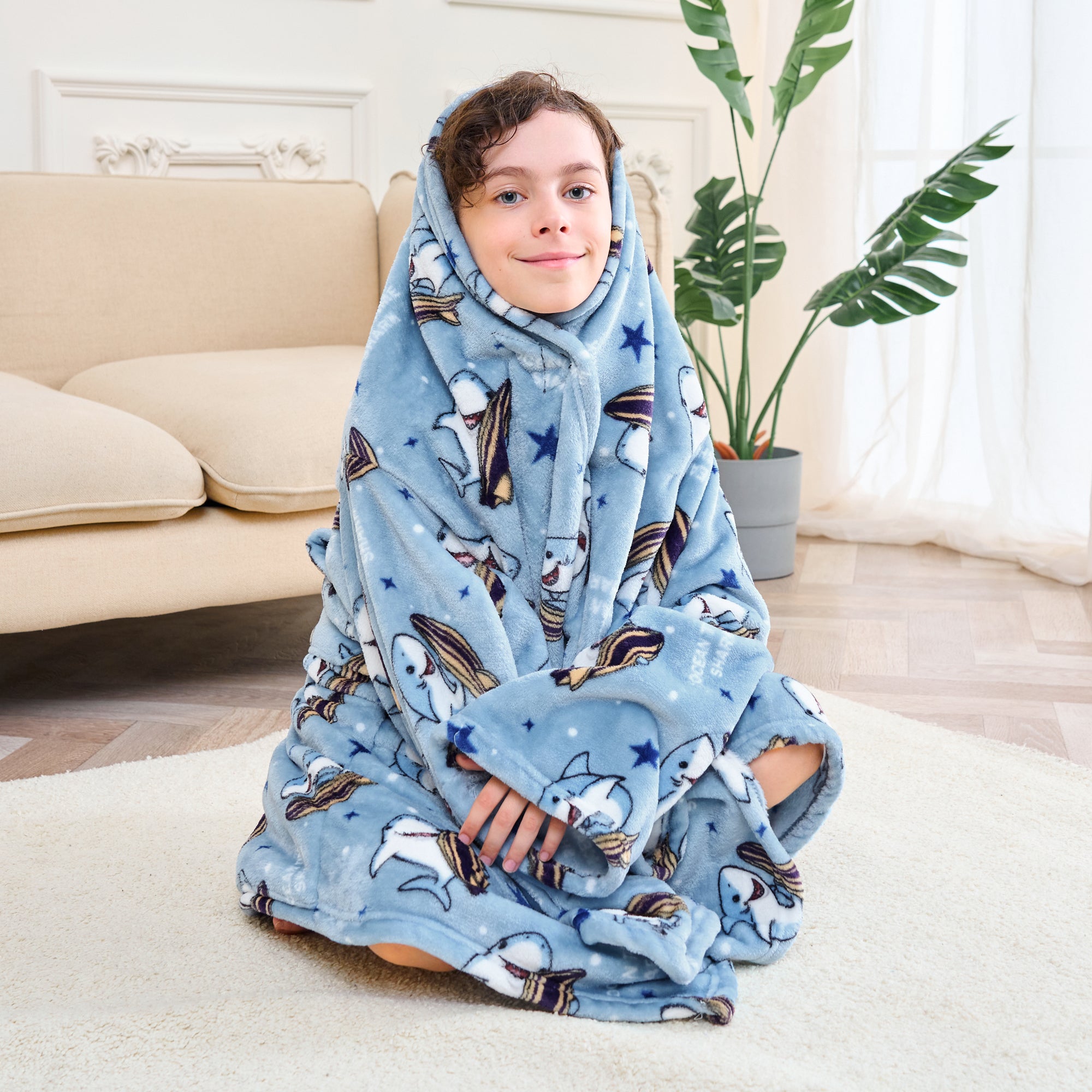Shark Wearable Fleece Blanket with Sleeves & Foot Pocket for Kids
