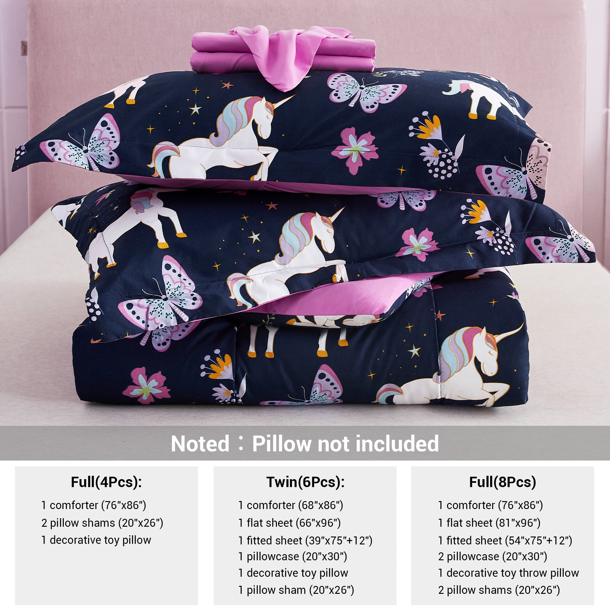 Purple Pink Unicorn Kids Comforter Sets– 6 or 8 Piece Options