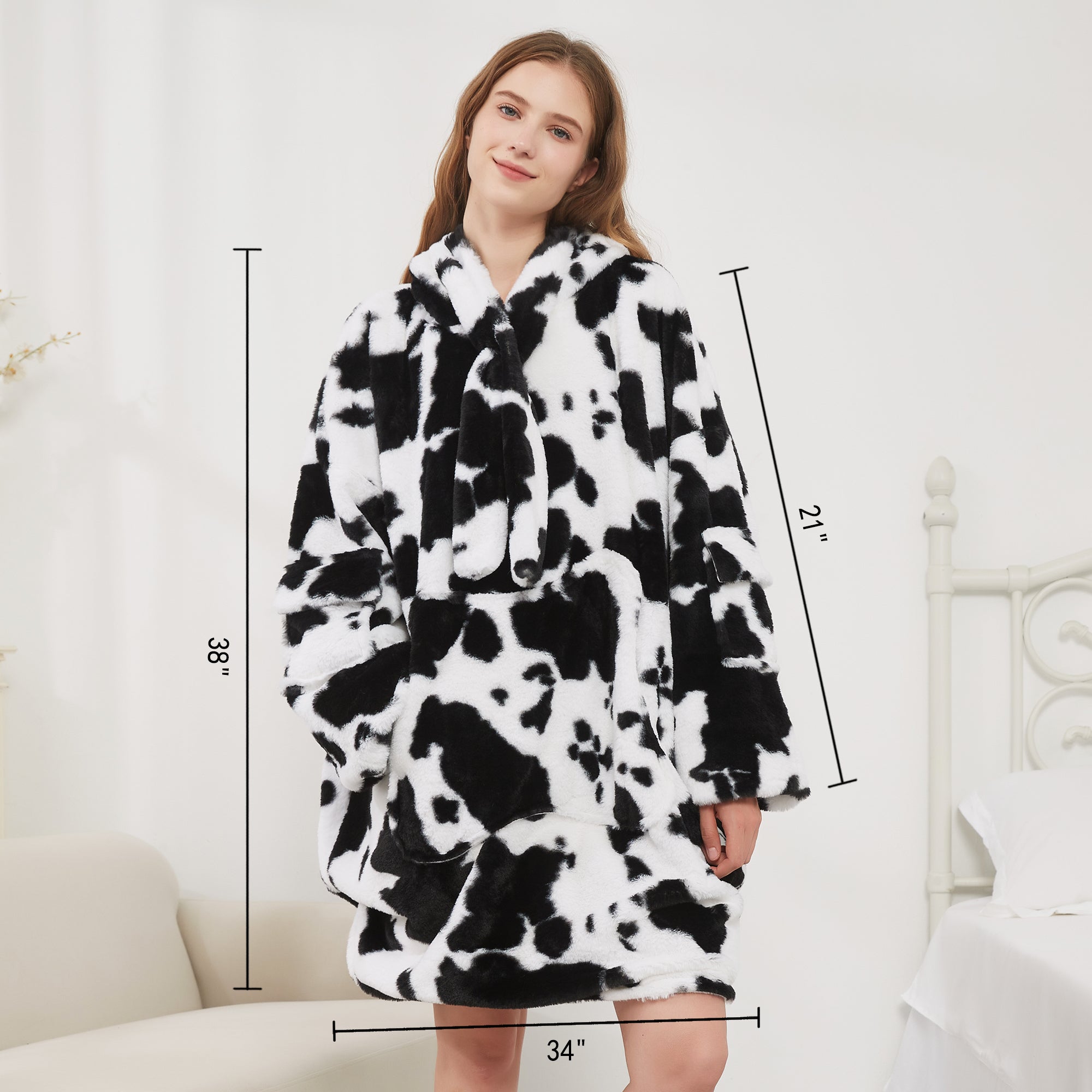 Black Cow Print Blanket Hoodie Oversized Super Soft Warm Giant Pullover with Large Front Pocket,Gifts for Women Men Teenagers