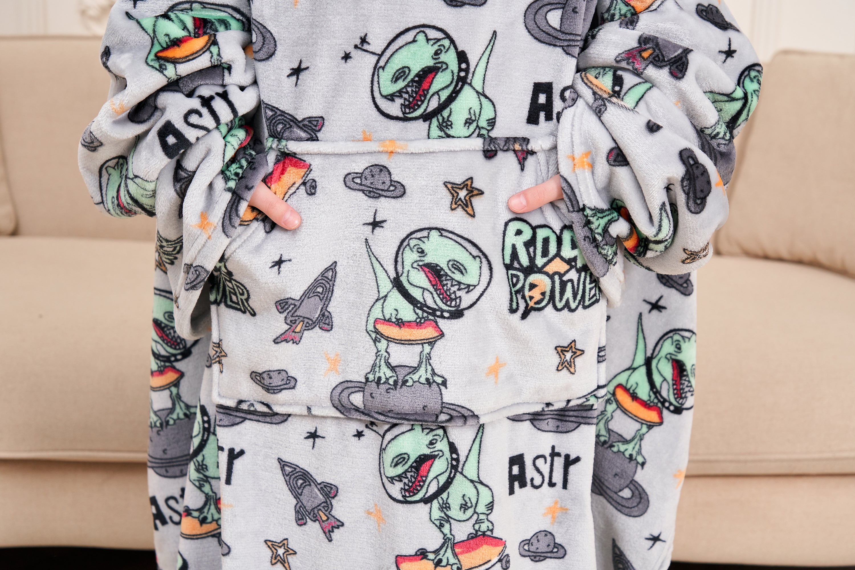 Dinosaur Wearable Fleece Blanket with Sleeves & Foot Pocket for Kids