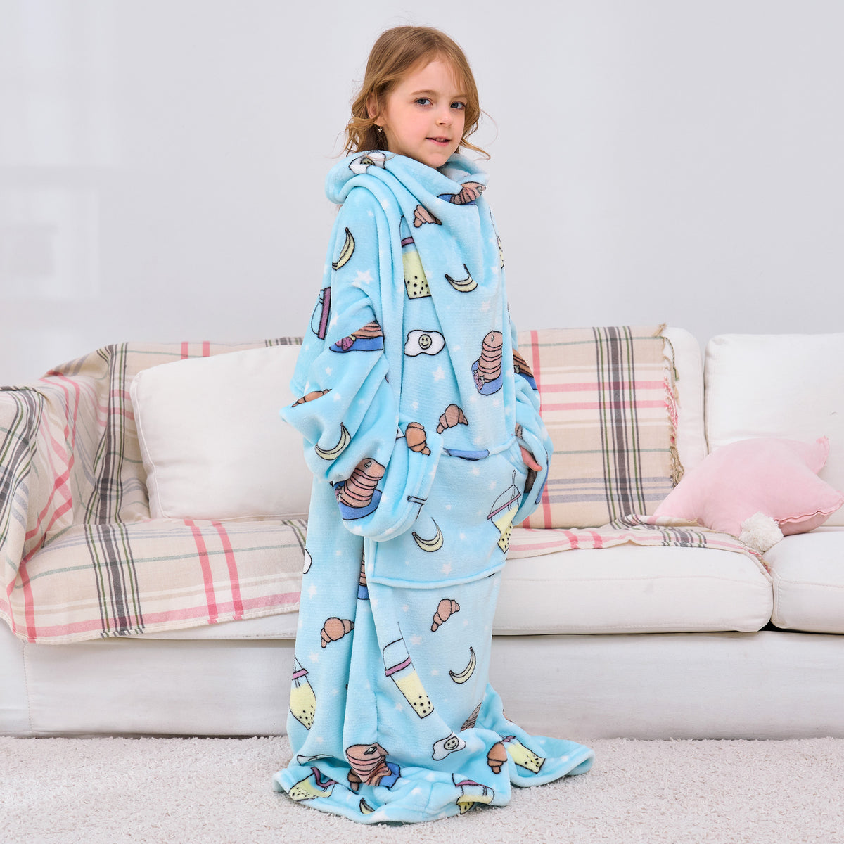 Snacks Wearable Fleece Blanket with Sleeves & Foot Pocket for Kids