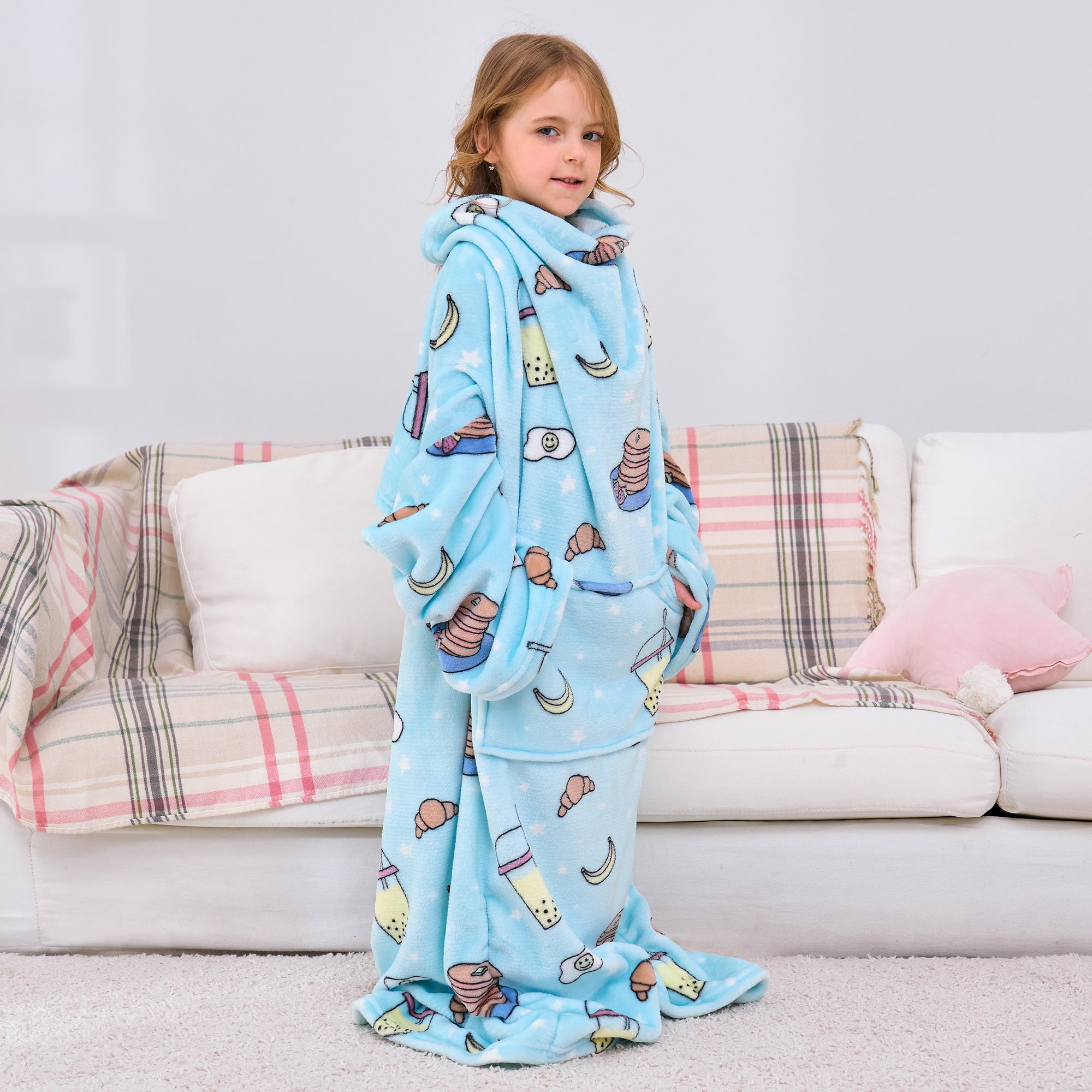 Snacks Wearable Fleece Blanket with Sleeves & Foot Pocket for Kids