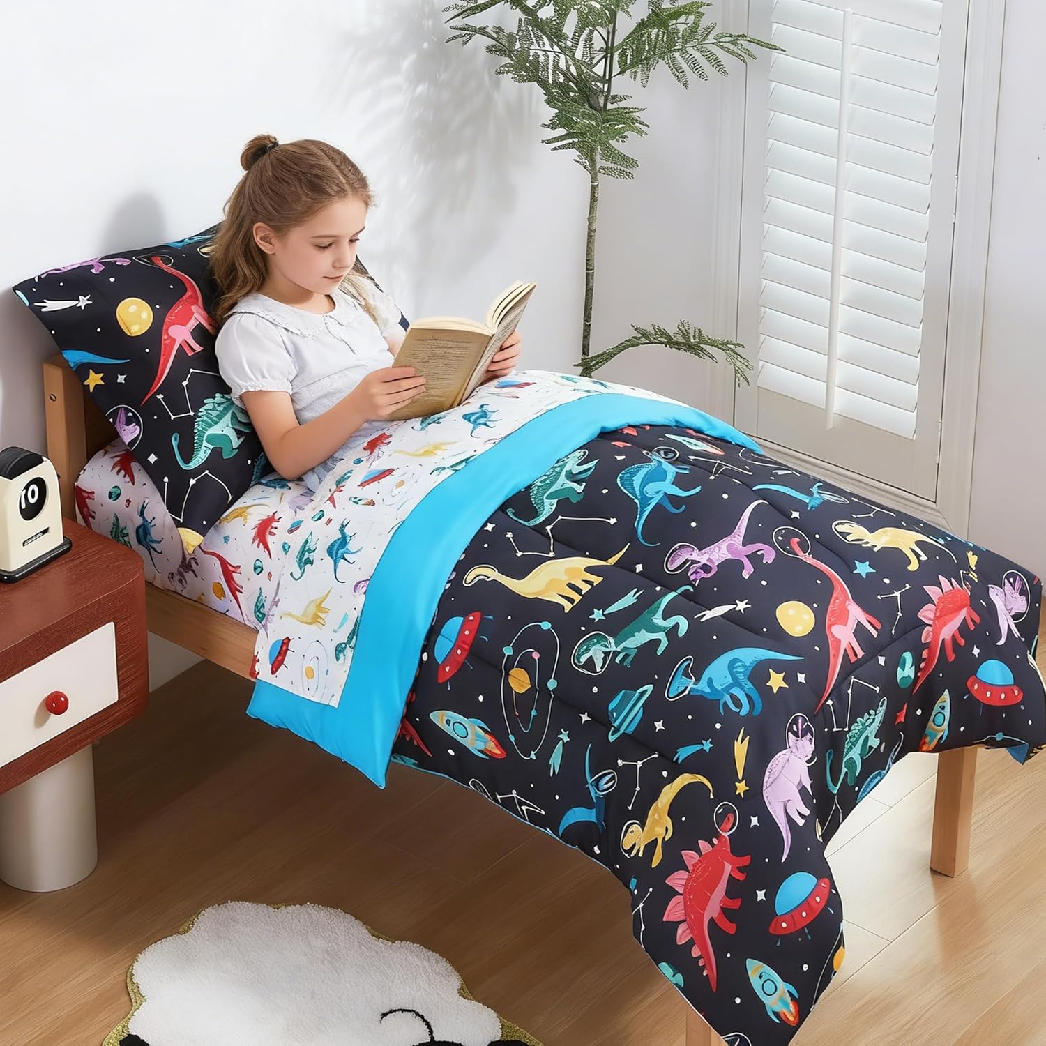 Space Dinosaur Printed Toddler Comforter Set– 4 Piece