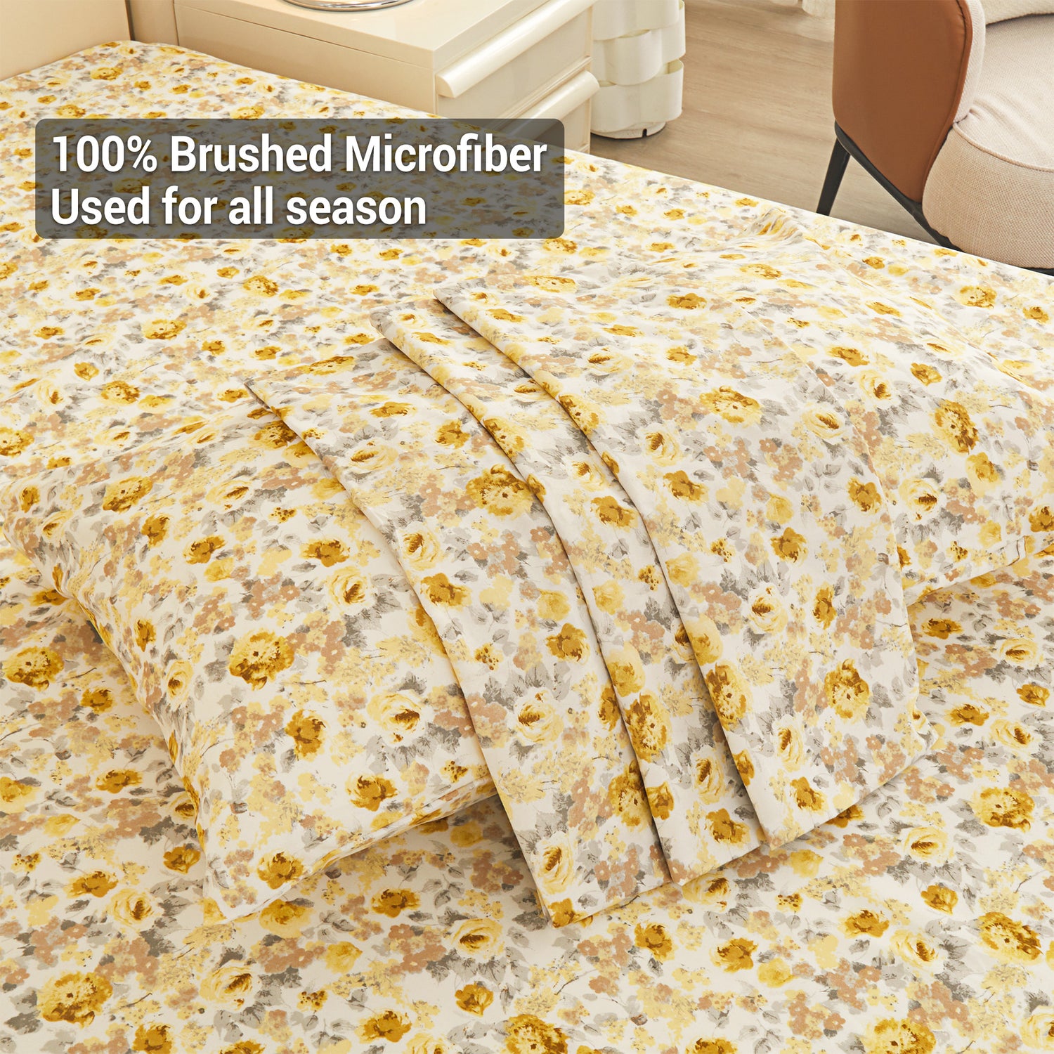 4 Pieces Grey and Yellow Flower Bed Sheet Set