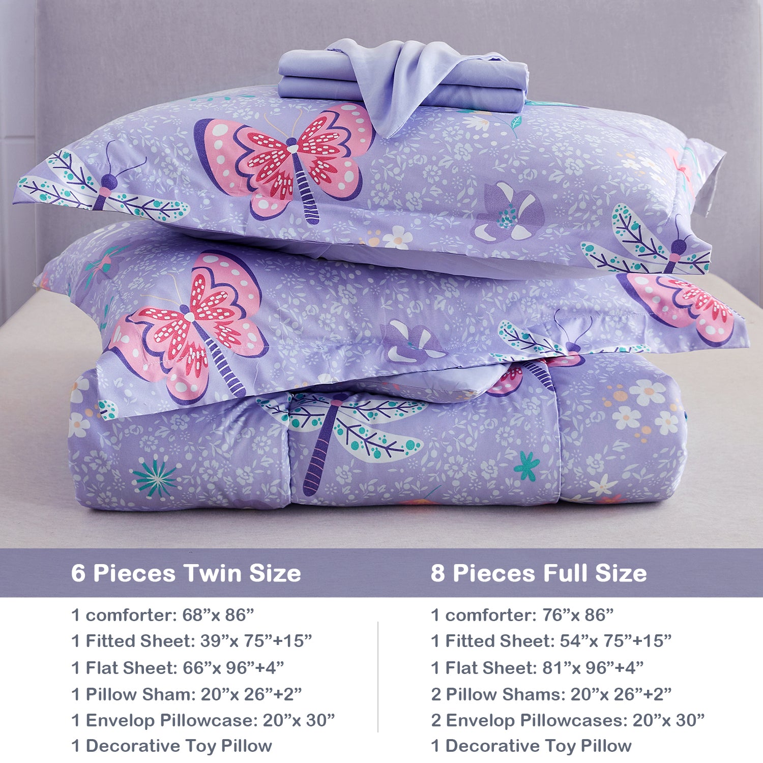 Purple Butterfly Kids Bedding Set– 6 or 8 Piece Options
