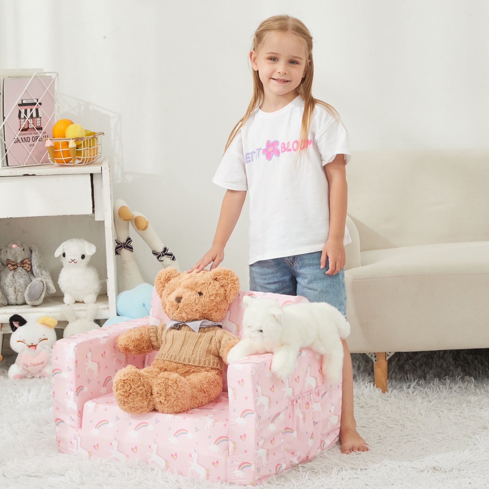 Pink Unicorn 2-in-1 Soft Toddler Couch Fold Out