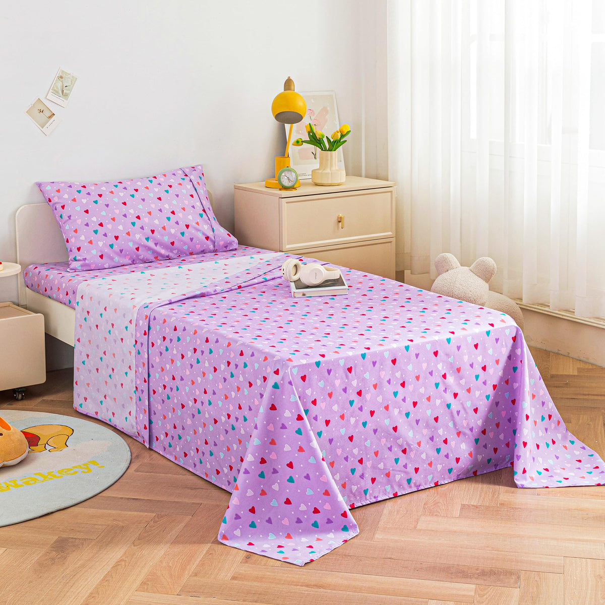 Colorful Hearts Kids Bed Sheet Set Deep Pocket Double Brushed Microfiber