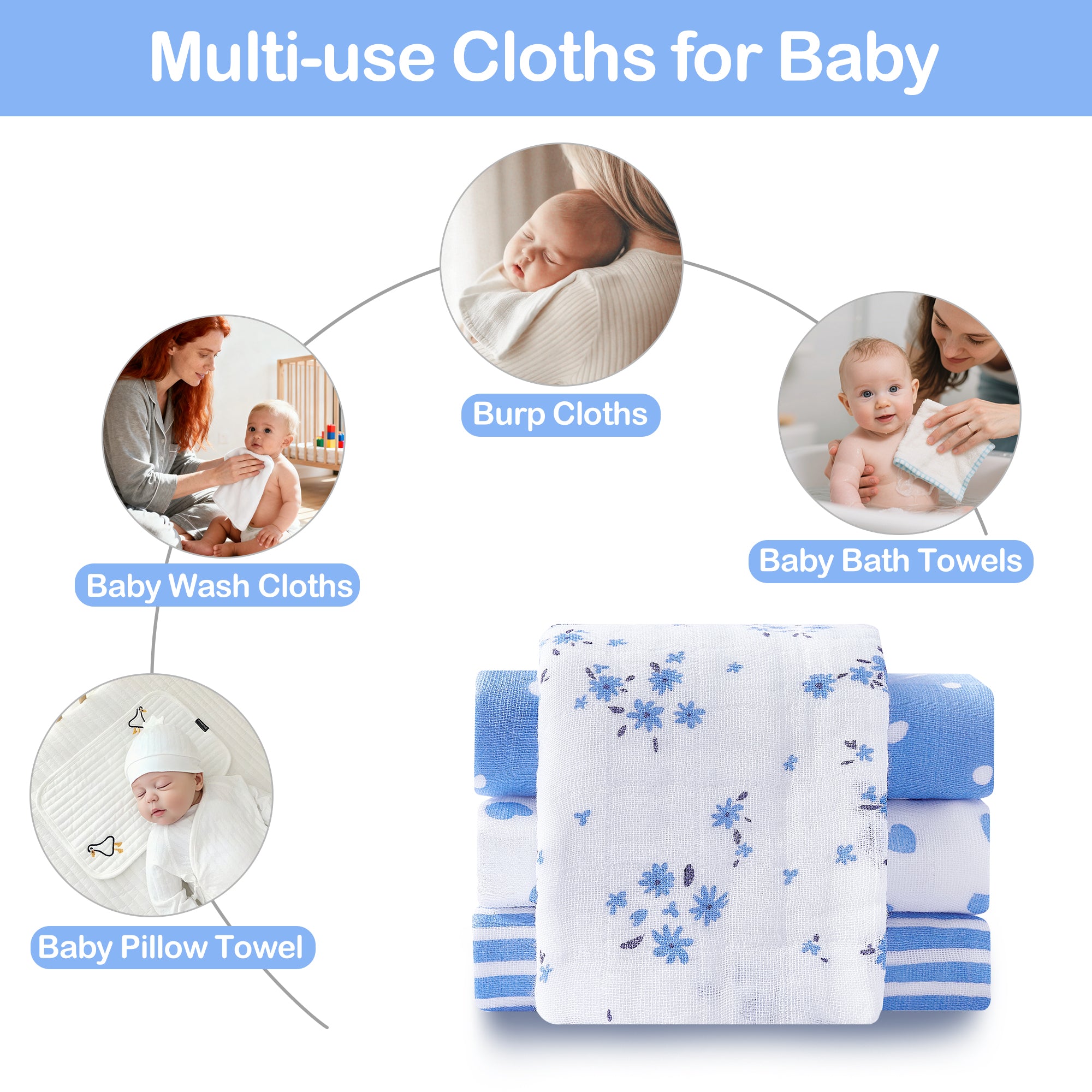 Heart & Flowers Baby Muslin Burp Cloths 10" x 20" 4 Pack