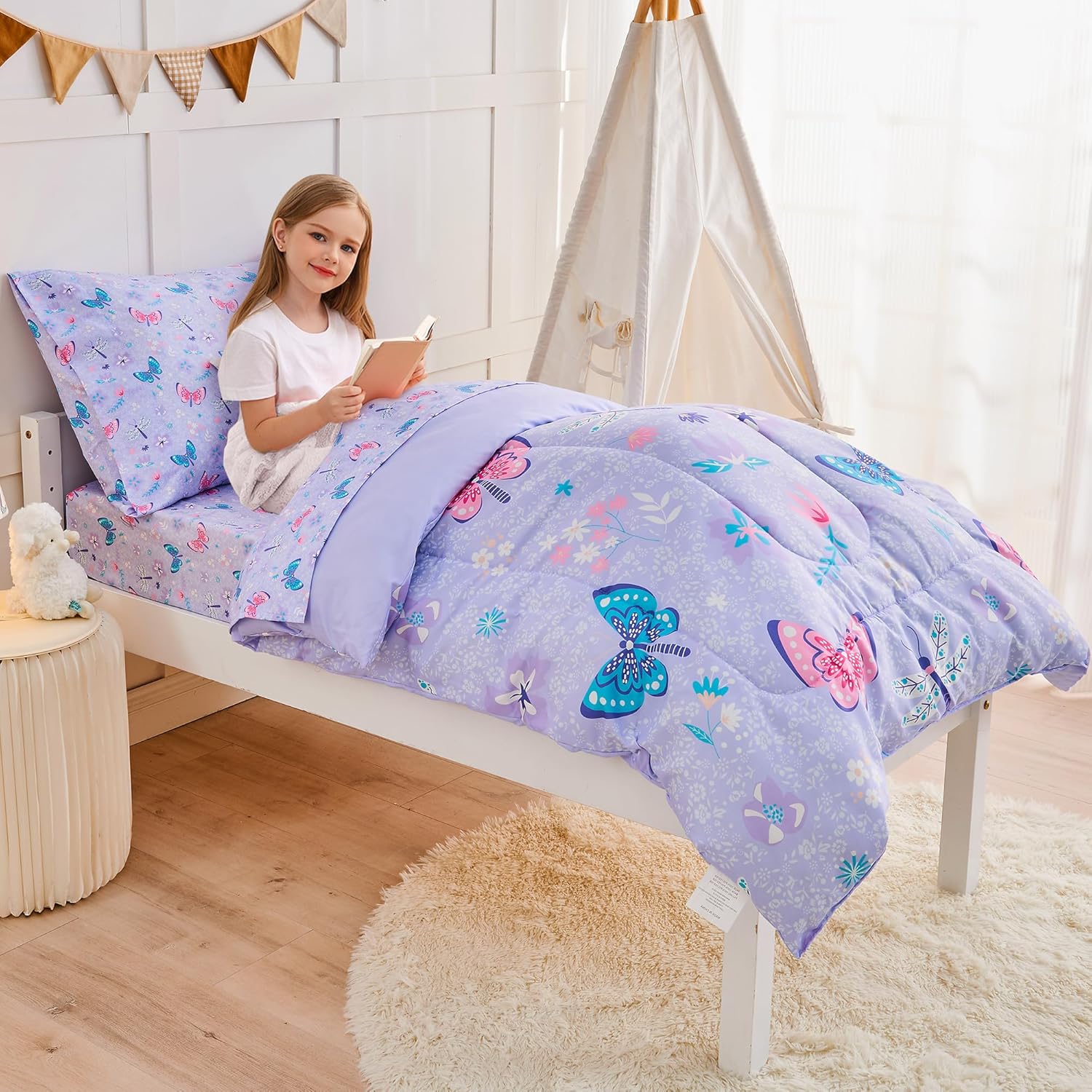 Purple Butterfly Toddler Comforter Set– 4 Piece