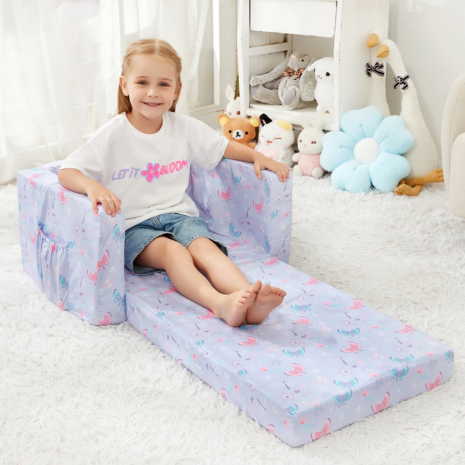 Purple Butterfly 2-in-1 Soft Toddler Couch Fold Out