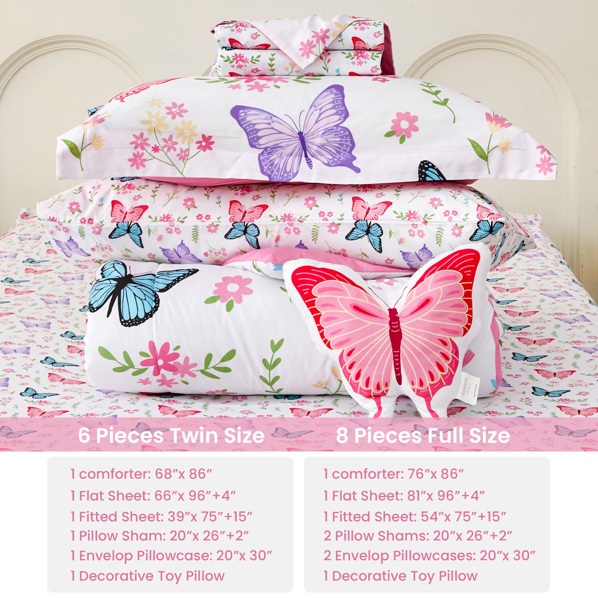 Flower Butterfly Comforter Sets for Kids– 6 or 8 Piece Options