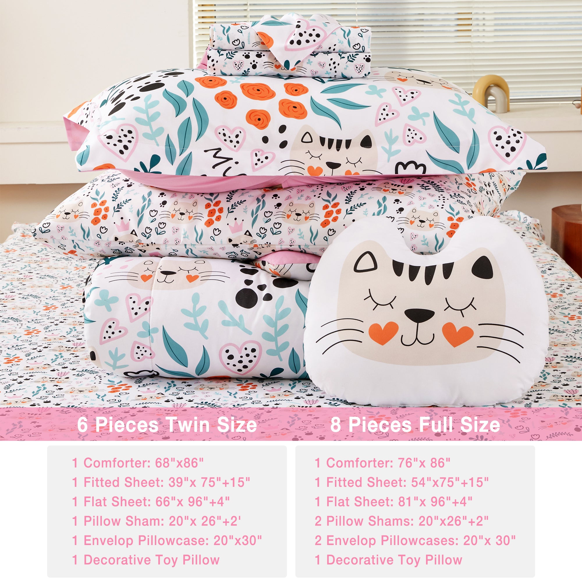 Flower and Cat Comforter Sets for Kids– 6 or 8 Piece Options