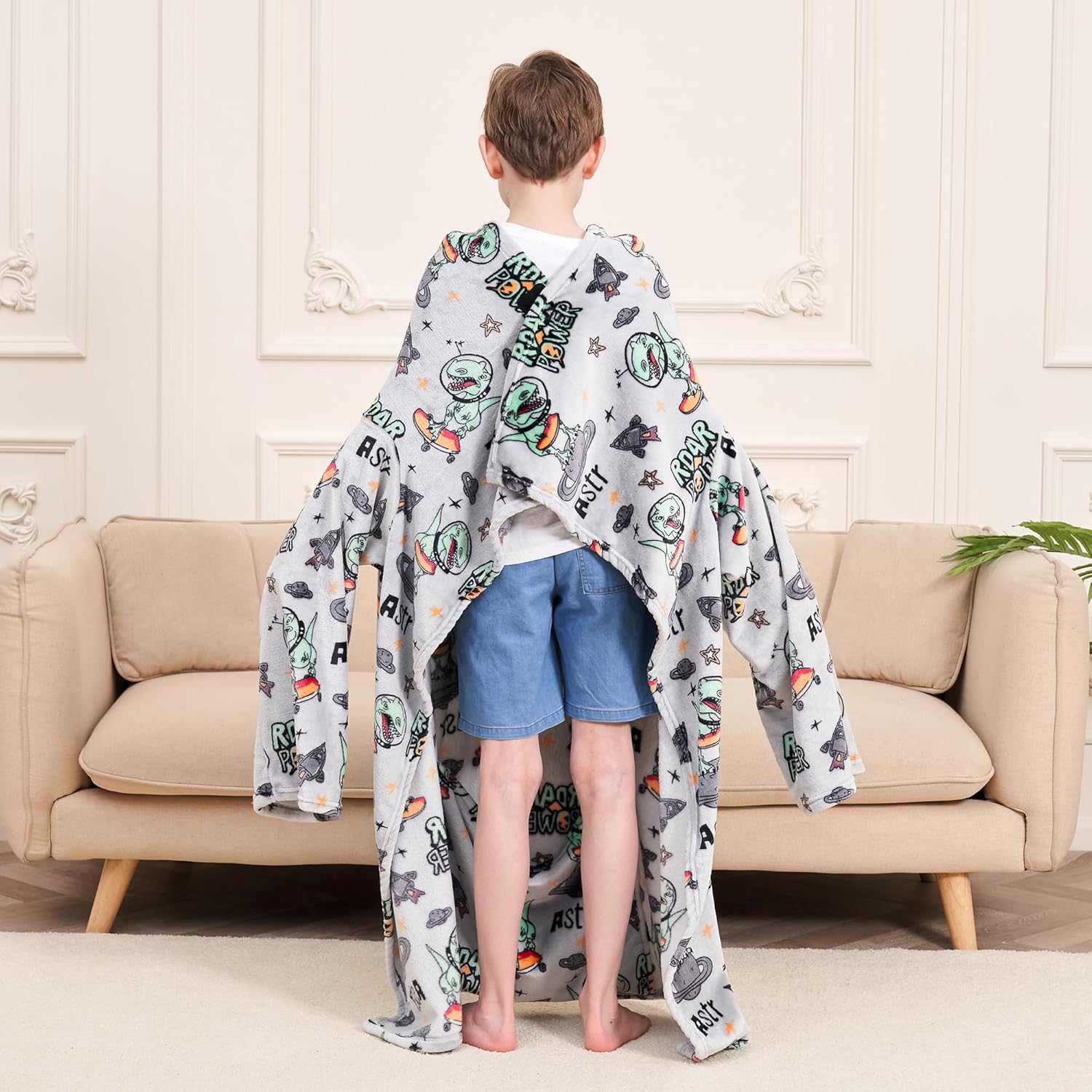 Kids Snuggies Wearable Fleece Blanket with Sleeves & Foot Pocket for Kids Boys Girls Children,Lightweight Soft Blanket with Sleeves and Hook & Loop 48" x 48" Dinosaur