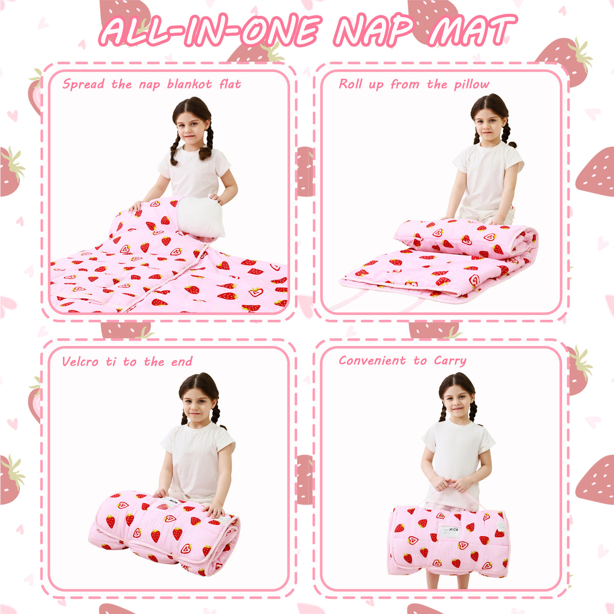 Pink Strawberry Toddler Nap Mat with Pillow & Blanket