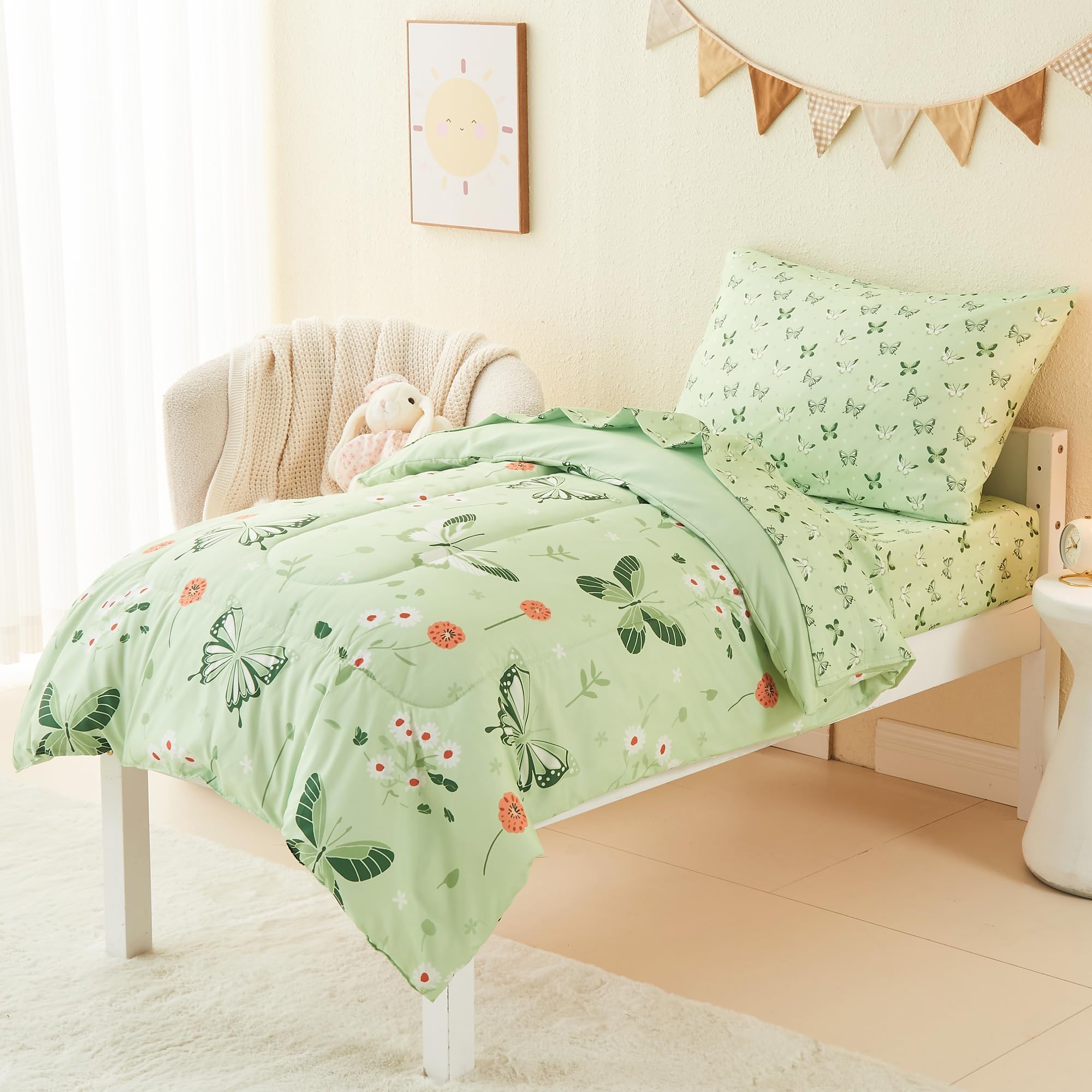 Sage Green Butterfly Toddler Comforter Set– 4 Piece