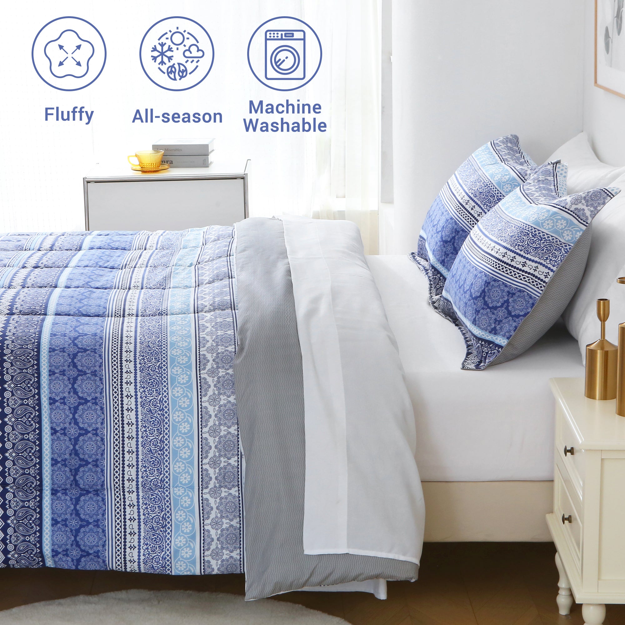 Blue Boho Striped Comforter Set 7 Pieces